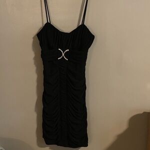 Black ruched mini dress with rhinestones